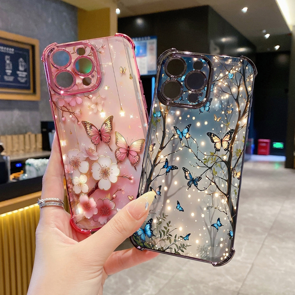 Cho iPhone 16 15 Pro Max 14 Plus 13 12 11 XR 8 7 SE 2022 XS Hoa Bướm Trong Suốt Mạ Ốp Lưng Chống Rơi