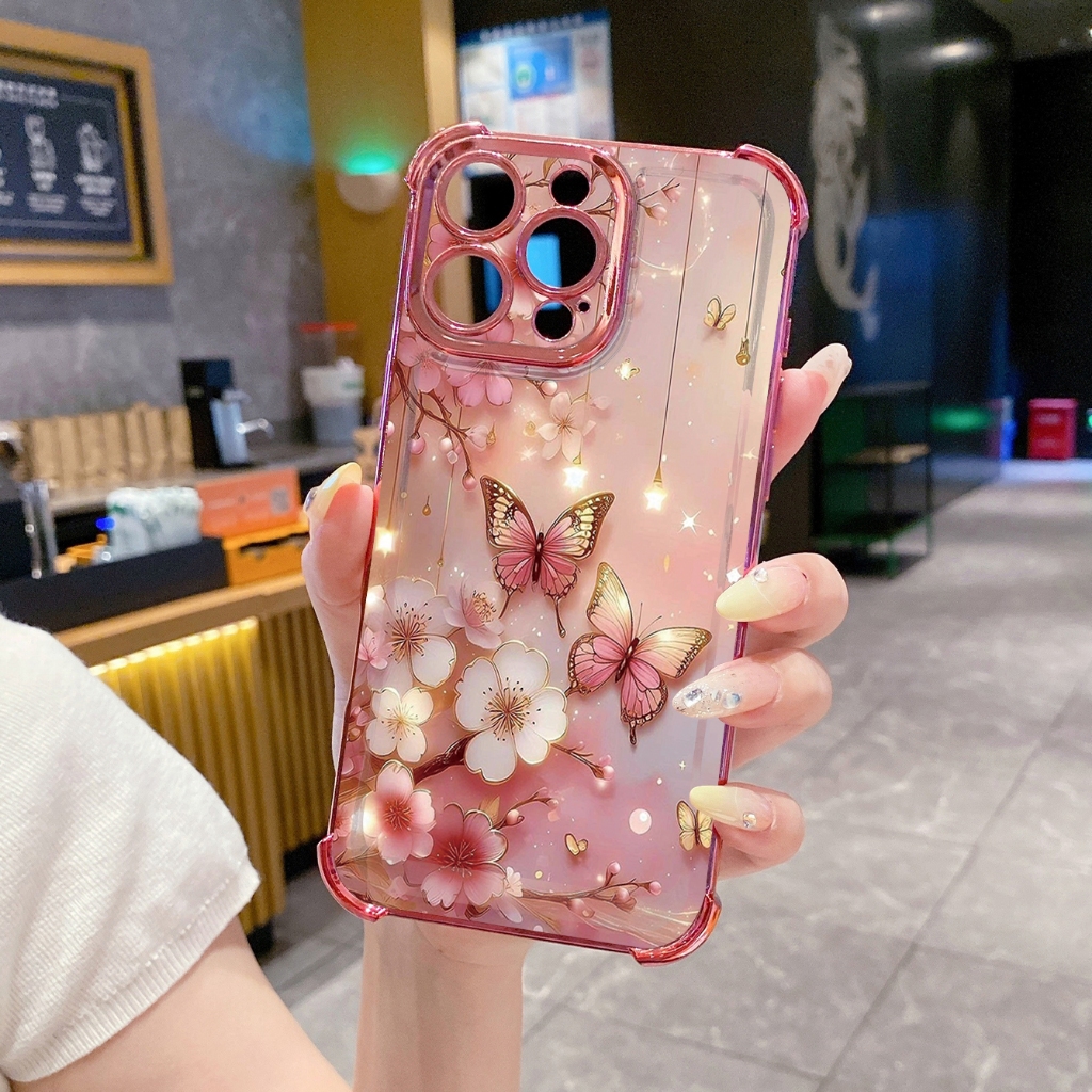 Cho iPhone 16 15 Pro Max 14 Plus 13 12 11 XR 8 7 SE 2022 XS Hoa Bướm Trong Suốt Mạ Ốp Lưng Chống Rơi