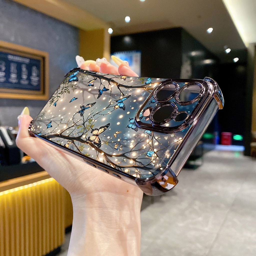 Cho iPhone 16 15 Pro Max 14 Plus 13 12 11 XR 8 7 SE 2022 XS Hoa Bướm Trong Suốt Mạ Ốp Lưng Chống Rơi
