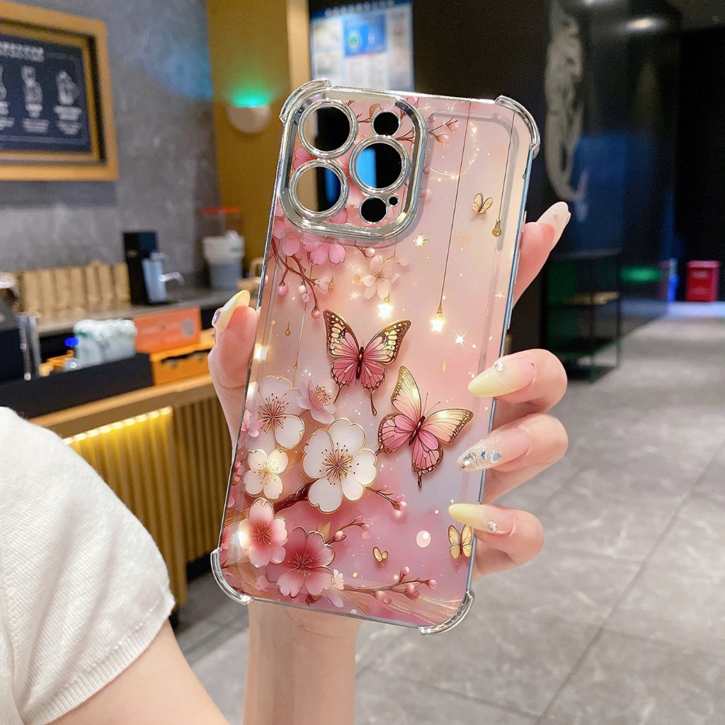 Cho iPhone 16 15 Pro Max 14 Plus 13 12 11 XR 8 7 SE 2022 XS Hoa Bướm Trong Suốt Mạ Ốp Lưng Chống Rơi