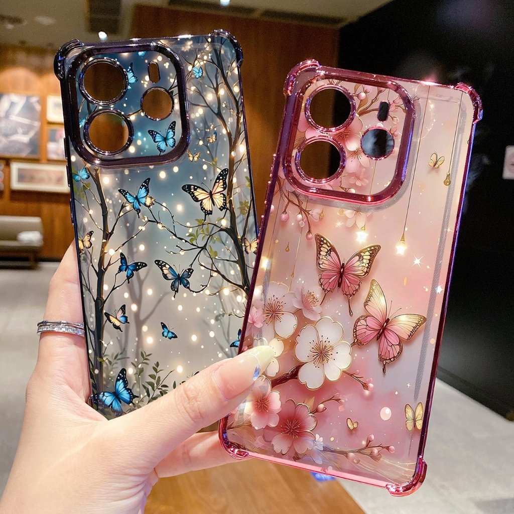 Dành Cho Xiaomi Redmi Note 14 13 Pro 5G 4G 12 13C 14C Hoa Bướm Trong Suốt Mạ Ốp Lưng Chống Rơi