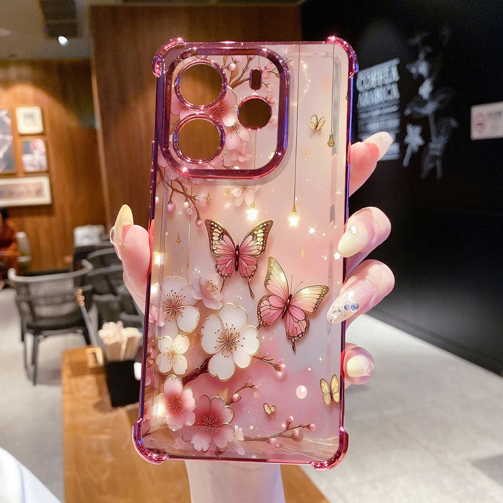 Dành Cho Xiaomi Redmi Note 14 13 Pro 5G 4G 12 13C 14C Hoa Bướm Trong Suốt Mạ Ốp Lưng Chống Rơi