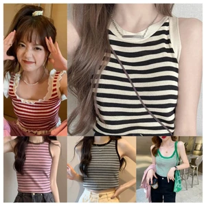 Basa Mùa Hè Hàn Quốc Sọc Dệt Kim Tank Top Nữ Cổ Tròn Không Tay Ôm CamisD