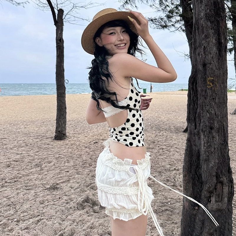 Cutenew Chấm Bi In 2 Mảnh Bộ Dây Tắt Tay Áo + Eo Thấp Xếp Ly Váy Mini Người Phụ Nữ Mùa Hè Ngọt Ngào Bạn Gái Phong Cách