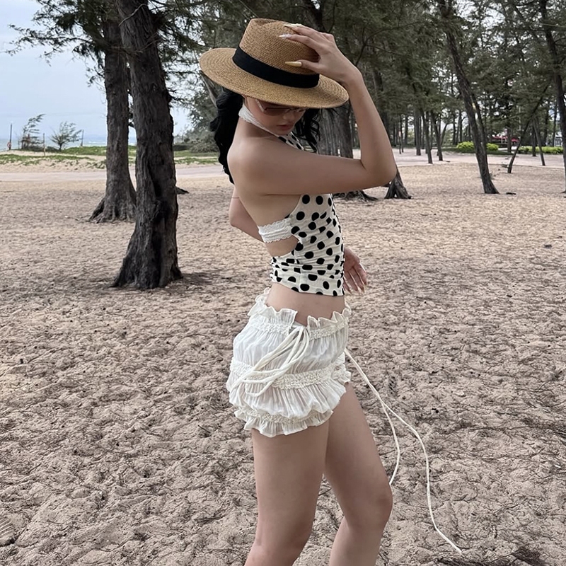 Cutenew Chấm Bi In 2 Mảnh Bộ Dây Tắt Tay Áo + Eo Thấp Xếp Ly Váy Mini Người Phụ Nữ Mùa Hè Ngọt Ngào Bạn Gái Phong Cách
