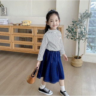(1-8Y) Màu Sắc Sọc Áo Sơ Mi Hoa Trẻ Em Bé Gái Áo Cổ Rùa Trẻ Em Bé Gái Dài Tay Áo Cotton Thường Ngày