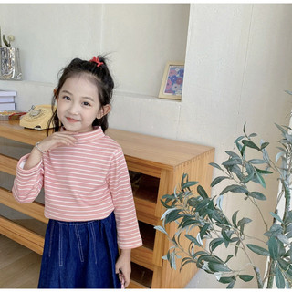 (1-8Y) Màu Sắc Sọc Áo Sơ Mi Hoa Trẻ Em Bé Gái Áo Cổ Rùa Trẻ Em Bé Gái Dài Tay Áo Cotton Thường Ngày