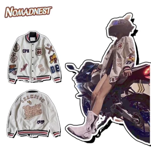 NOMADNEST Áo khoác da thêu nam, áo khoác ngắn da PU