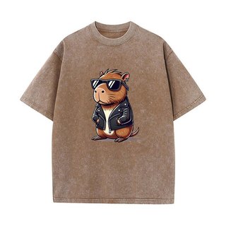 Mát Capybara Động Vật Dễ Thương Đồ Họa Áo Sơ Mi Đường Phố Cao Cấp Xu Hướng Thời Trang Áo Thun Tay Ngắn Nam Nữ Rửa Vintage Áo Thun Cotton Rời