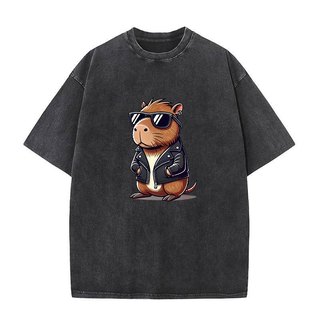 Mát Capybara Động Vật Dễ Thương Đồ Họa Áo Sơ Mi Đường Phố Cao Cấp Xu Hướng Thời Trang Áo Thun Tay Ngắn Nam Nữ Rửa Vintage Áo Thun Cotton Rời