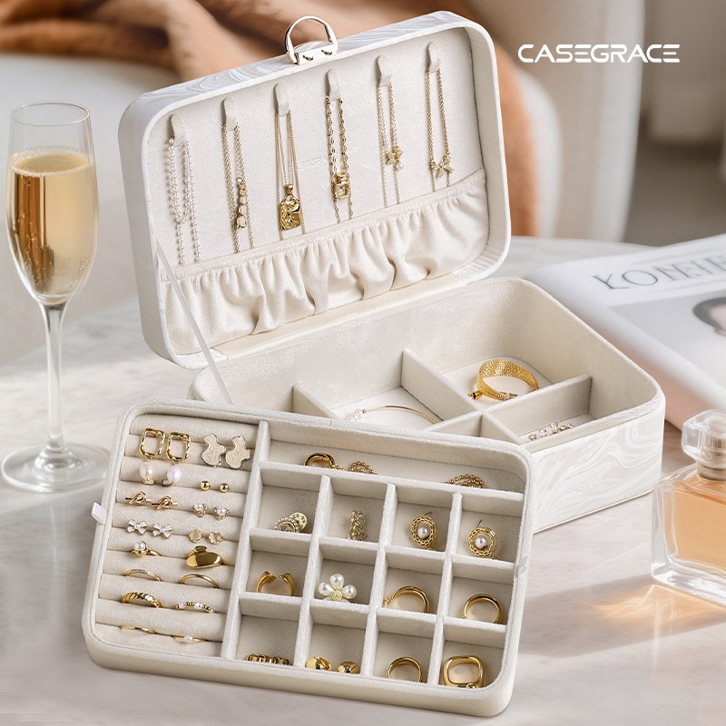 Hộp đựng đồ trang sức CASEGRACE có khóa và chìa khóa Hộp đựng đồ trang sức lớn 2 lớp Khay đựng đồ trang sức có thể tháo rời cho vòng cổ Bông tai Vòng tay Hộp lưu trữ