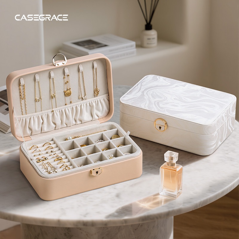 Hộp đựng đồ trang sức CASEGRACE có khóa và chìa khóa Hộp đựng đồ trang sức lớn 2 lớp Khay đựng đồ trang sức có thể tháo rời cho vòng cổ Bông tai Vòng tay Hộp lưu trữ