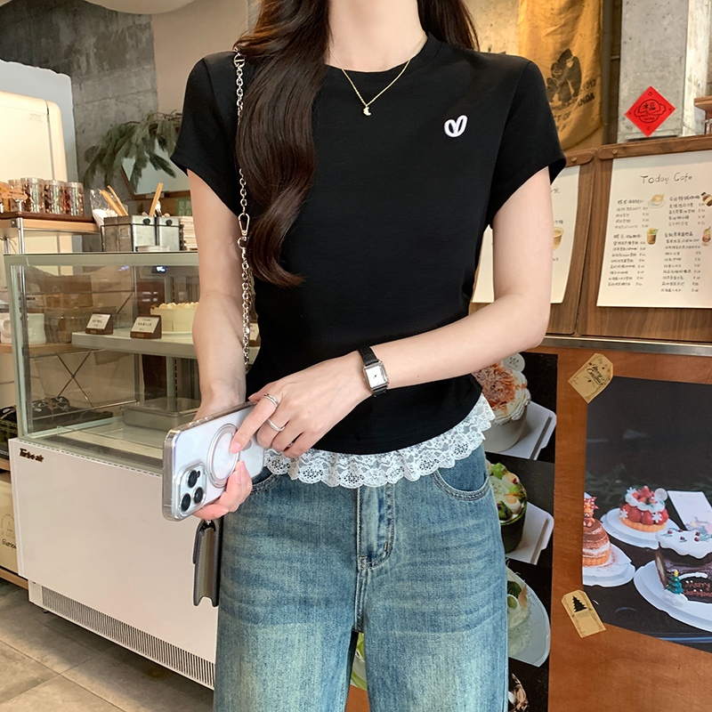 SUXI Áo thun ngắn tay cổ tròn đơn giản dành cho nữ mùa hè mới 250424