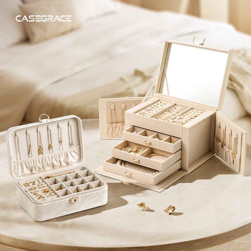CASEGRACE Hộp Trang Sức 4 Tầng, 3 Ngăn Kéo, Tay Cầm, Có Gương, Du Lịch, Bảo Quản Bông Tai, Vòng Cổ, Nhẫn, Hộp Quà Tặng
