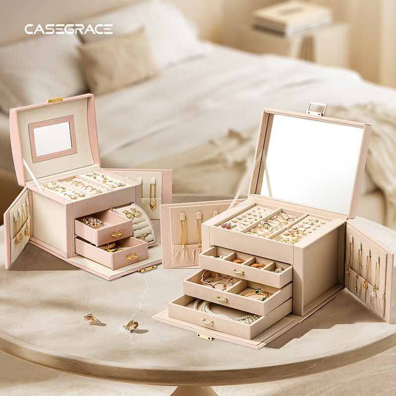 CASEGRACE Hộp Trang Sức 4 Tầng, 3 Ngăn Kéo, Tay Cầm, Có Gương, Du Lịch, Bảo Quản Bông Tai, Vòng Cổ, Nhẫn, Hộp Quà Tặng