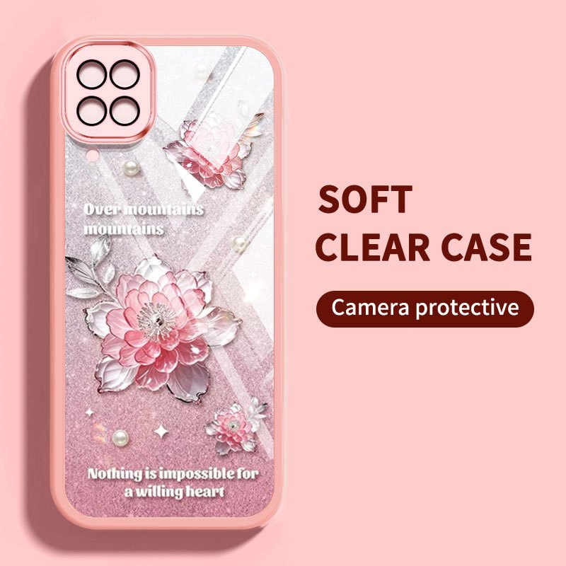 Vỏ Phong Cách Pha Lê YBD Cho Samsung Galaxy A12 M12 F12 A12S A22 4G 5G M22 M32 F42 A22S A125 5G Vỏ Điện Thoại Họa Tiết Camellia Và Hoa Hồng