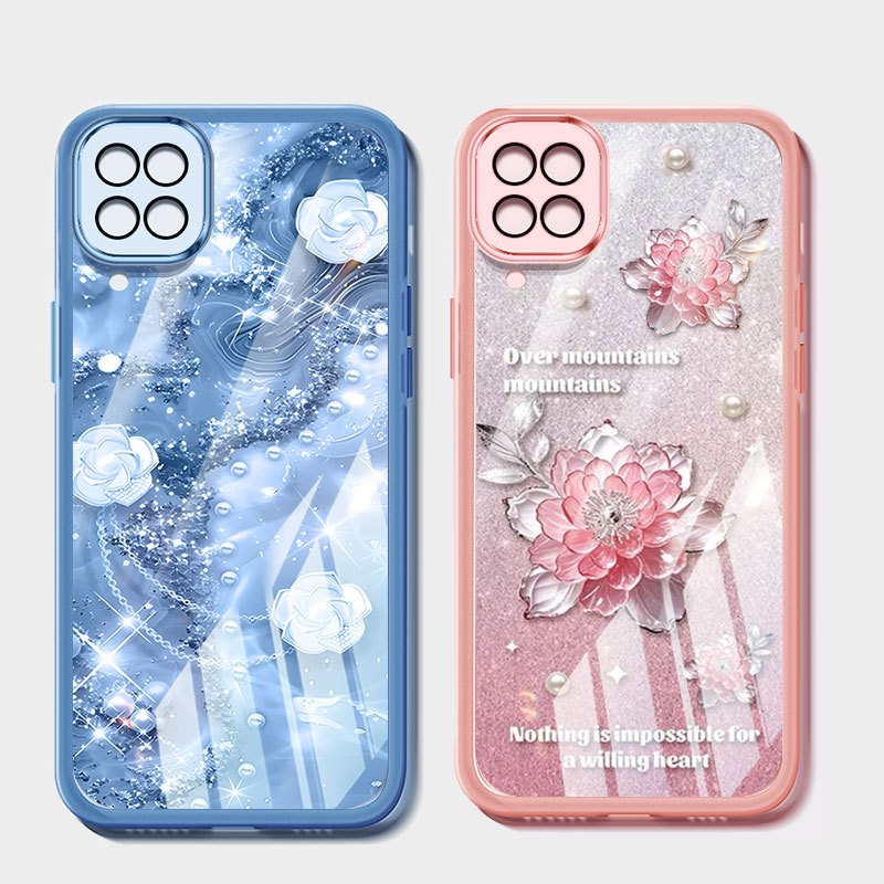 Vỏ Phong Cách Pha Lê YBD Cho Samsung Galaxy A12 M12 F12 A12S A22 4G 5G M22 M32 F42 A22S A125 5G Vỏ Điện Thoại Họa Tiết Camellia Và Hoa Hồng