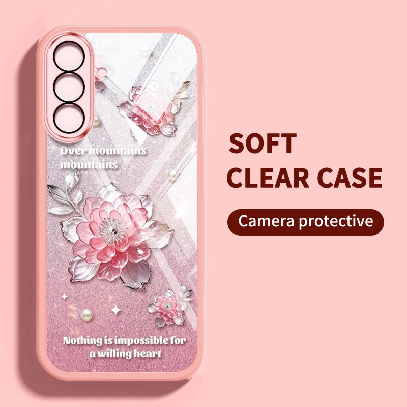 Ốp điện thoại kiểu pha lê YBD cho Samsung Galaxy A56 A36 A24 A25 A26 A34 A35 A54 A55 4G 5G Vỏ điện thoại họa tiết hoa trà và hoa hồng