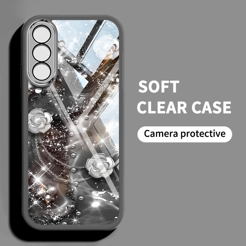 Ốp điện thoại kiểu pha lê YBD cho Samsung Galaxy A56 A36 A24 A25 A26 A34 A35 A54 A55 4G 5G Vỏ điện thoại họa tiết hoa trà và hoa hồng