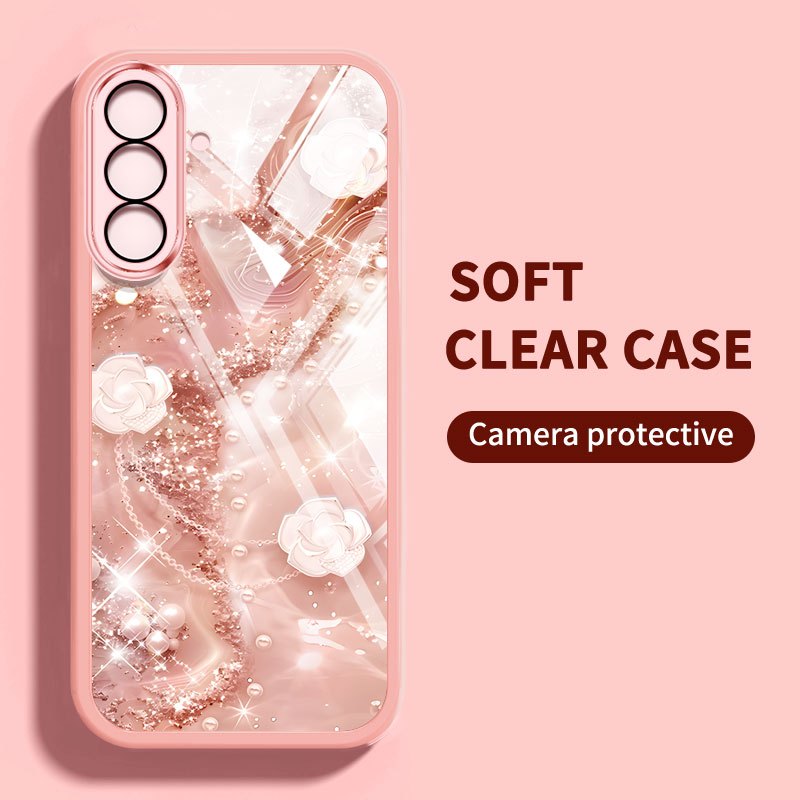 Ốp điện thoại kiểu pha lê YBD cho Samsung Galaxy A56 A36 A24 A25 A26 A34 A35 A54 A55 4G 5G Vỏ điện thoại họa tiết hoa trà và hoa hồng