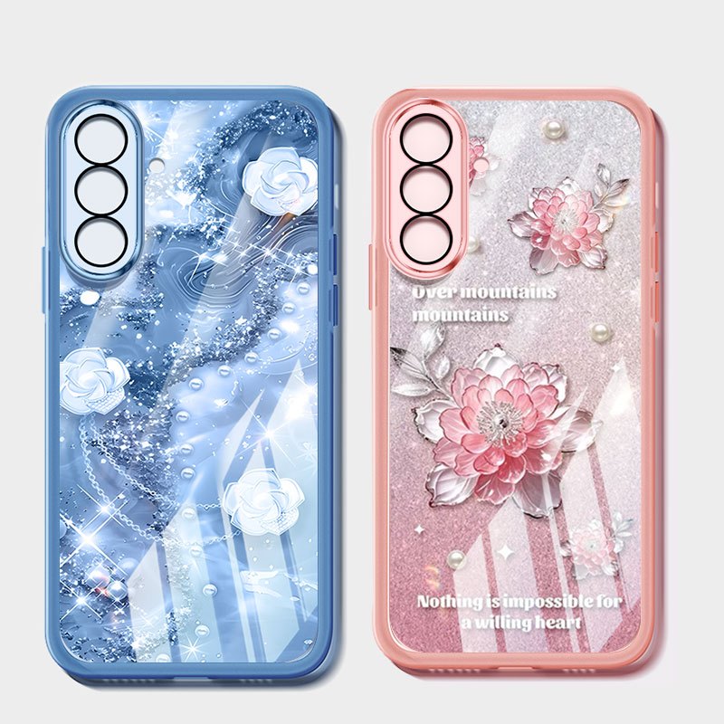 Ốp điện thoại kiểu pha lê YBD cho Samsung Galaxy A56 A36 A24 A25 A26 A34 A35 A54 A55 4G 5G Vỏ điện thoại họa tiết hoa trà và hoa hồng