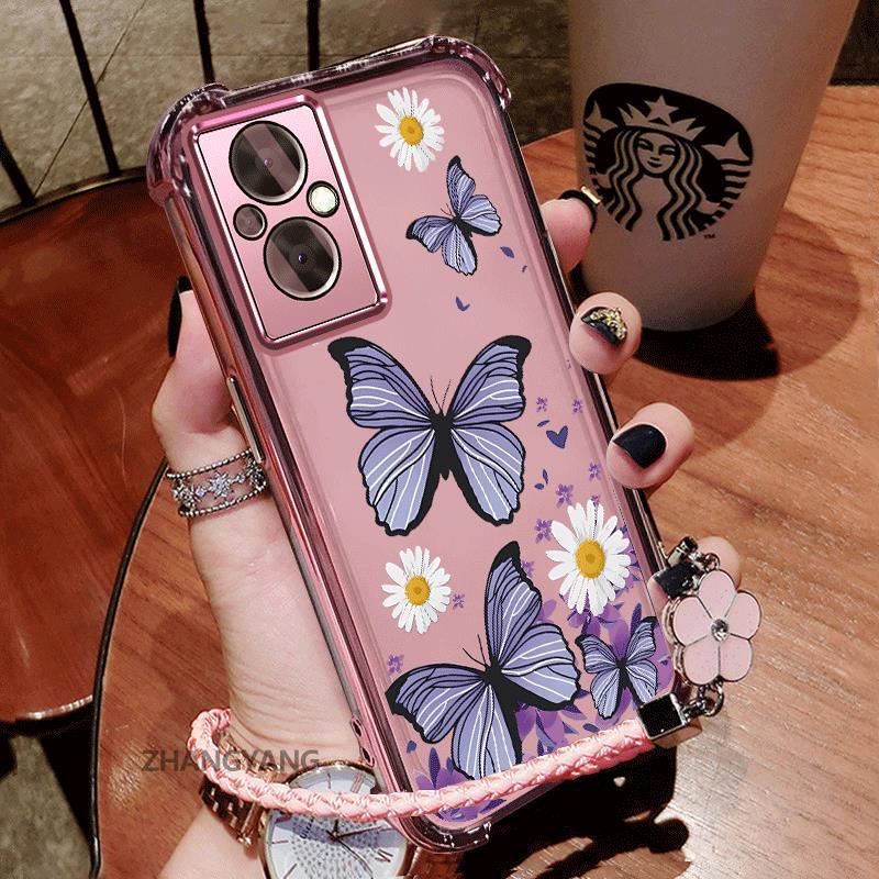 Ốp Lưng Cho OPPO RENO 7Z 5G RENO 8Z 5G Vỏ Điện Thoại Chống Sốc Bốn Góc Mạ Điện Thẩm Mỹ Thiết Kế Mới Của Dây Tay Họa Tiết Bướm Vỏ Mềm TPU
