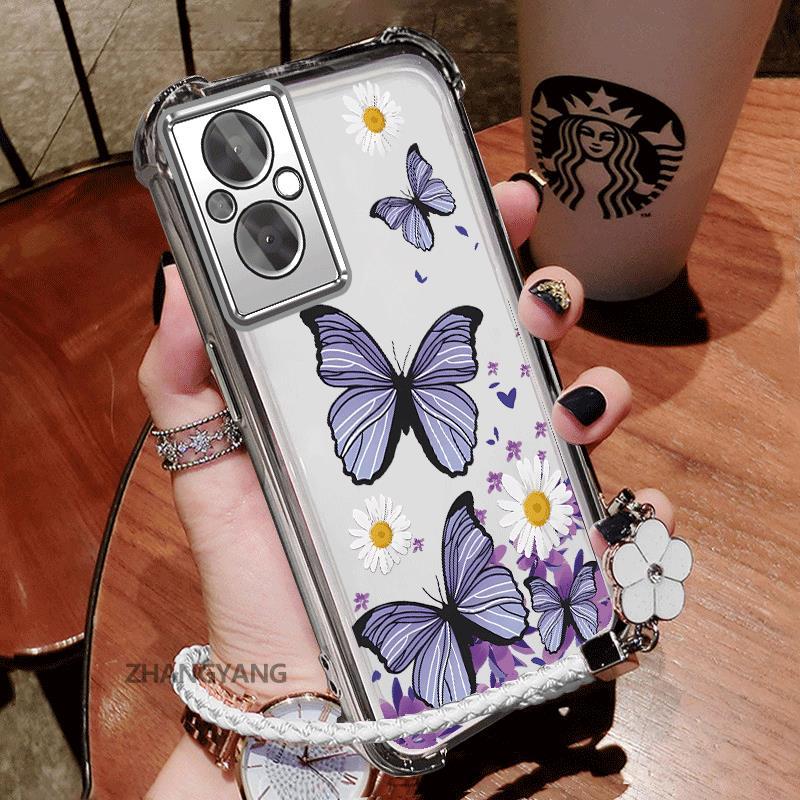 Ốp Lưng Cho OPPO RENO 7Z 5G RENO 8Z 5G Vỏ Điện Thoại Chống Sốc Bốn Góc Mạ Điện Thẩm Mỹ Thiết Kế Mới Của Dây Tay Họa Tiết Bướm Vỏ Mềm TPU