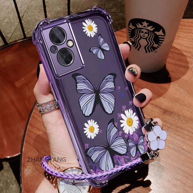 Ốp Lưng Cho OPPO RENO 7Z 5G RENO 8Z 5G Vỏ Điện Thoại Chống Sốc Bốn Góc Mạ Điện Thẩm Mỹ Thiết Kế Mới Của Dây Tay Họa Tiết Bướm Vỏ Mềm TPU