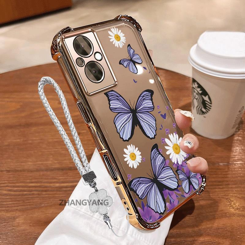 Ốp Lưng Cho OPPO RENO 7Z 5G RENO 8Z 5G Vỏ Điện Thoại Chống Sốc Bốn Góc Mạ Điện Thẩm Mỹ Thiết Kế Mới Của Dây Tay Họa Tiết Bướm Vỏ Mềm TPU