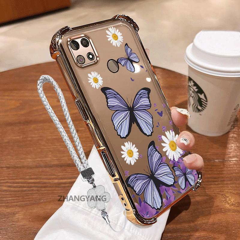 Ốp Lưng Cho Poco C40 Mạ Điện Bốn Góc Chống Sốc Điện Thoại Thẩm Mỹ Thiết Kế Mới Của Dây Tay Họa Tiết Bướm TPU Vỏ Mềm