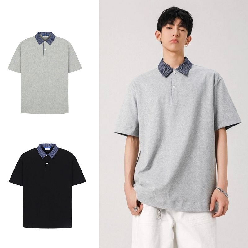 Áo Polo Nam Mùa Hè Hợp Thời Trang Giả Two-Piece Check Shirt Áo Thun Tay Ngắn