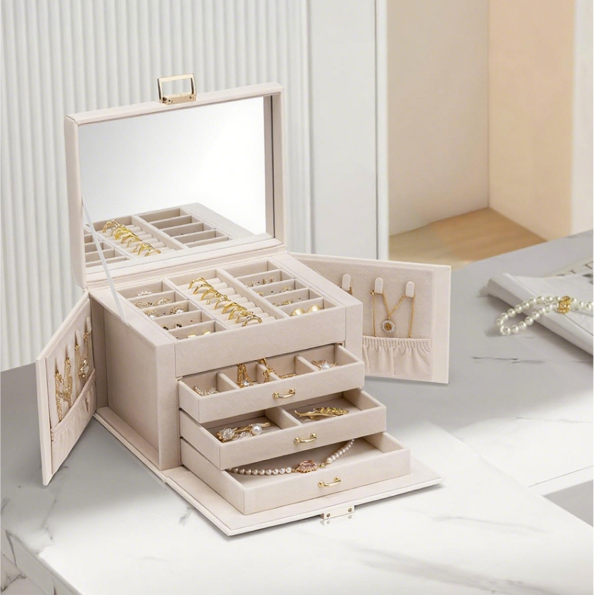 CASEGRACE Hộp Trang Sức 4 Tầng, 3 Ngăn Kéo, Tay Cầm, Có Gương, Du Lịch, Bảo Quản Bông Tai, Vòng Cổ, Nhẫn, Hộp Quà Tặng