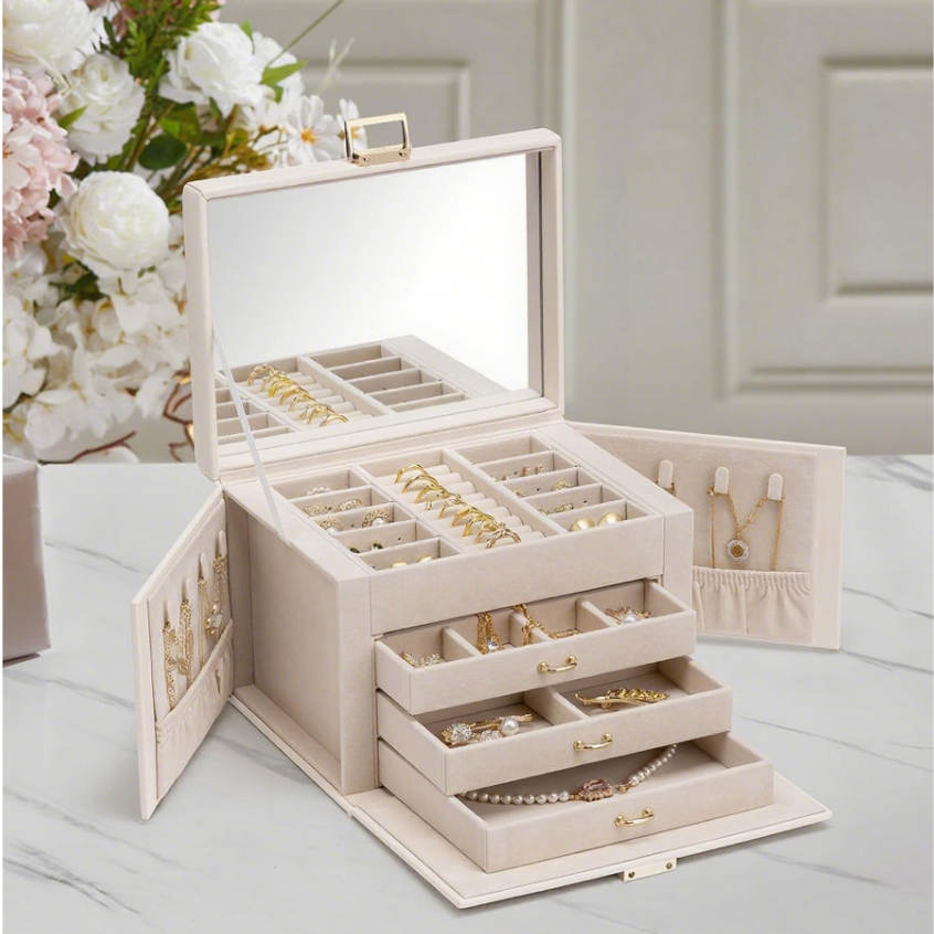 CASEGRACE Hộp Trang Sức 4 Tầng, 3 Ngăn Kéo, Tay Cầm, Có Gương, Du Lịch, Bảo Quản Bông Tai, Vòng Cổ, Nhẫn, Hộp Quà Tặng