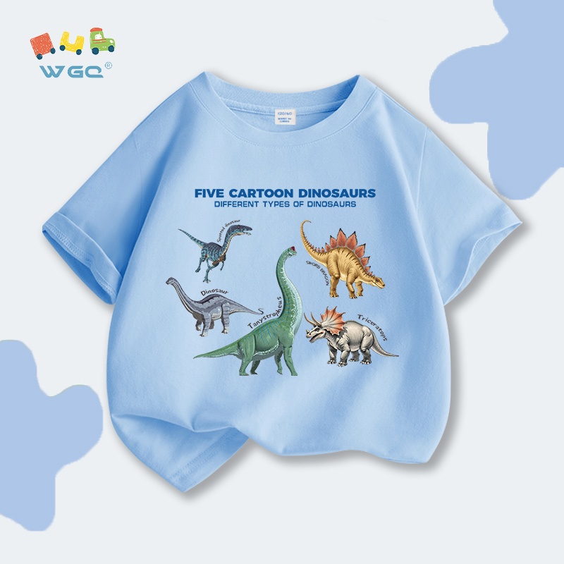 Áo thun bé trai, vải Cotton nguyên chất mềm mại thoải mái, thấm mồ hôi thoáng khí in hình khủng long