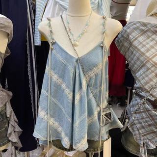 Phong Cách Hàn Quốc Nữ Không Tay Sling Top Cổ Chữ V Ren Mùa Hè Áo