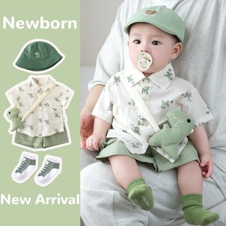 Bé trai sơ sinh Cotton Dễ thương Khủng long dễ thương Một bộ ba mảnh họa tiết khủng long dễ thương Bộ áo liền quần dáng rộng (0-24 tháng)