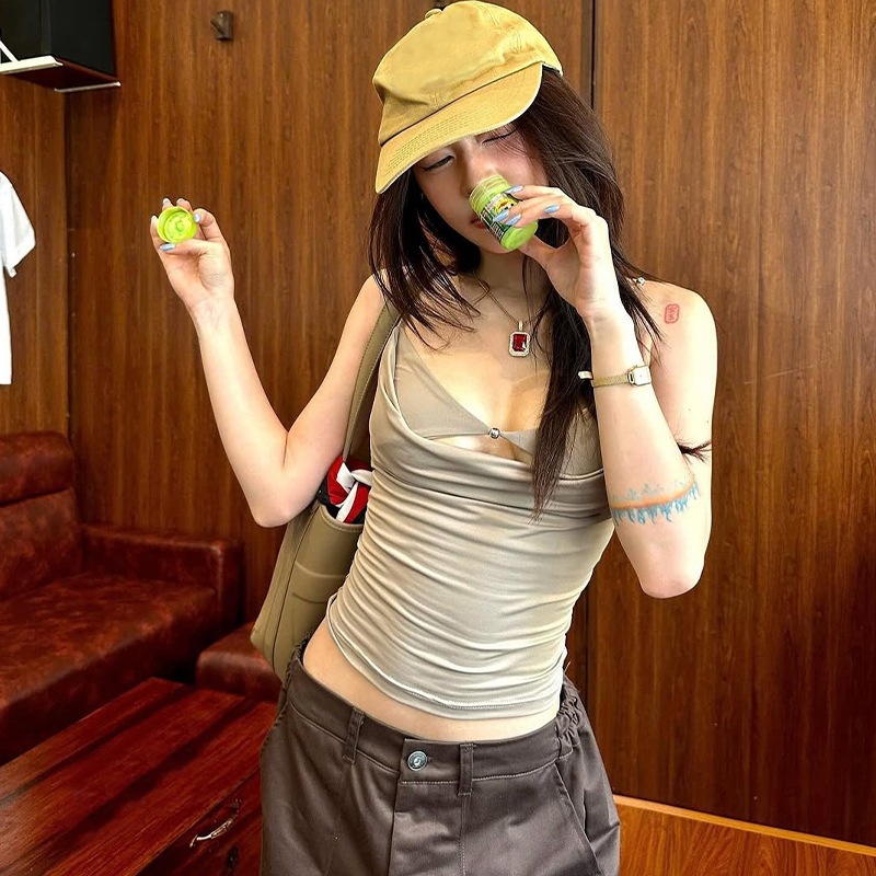 Mùa Hè Mới Thời Trang Cổ Chữ V Nữ Crop Top Nối Hạt Rỗng Trang Trí Tank Top