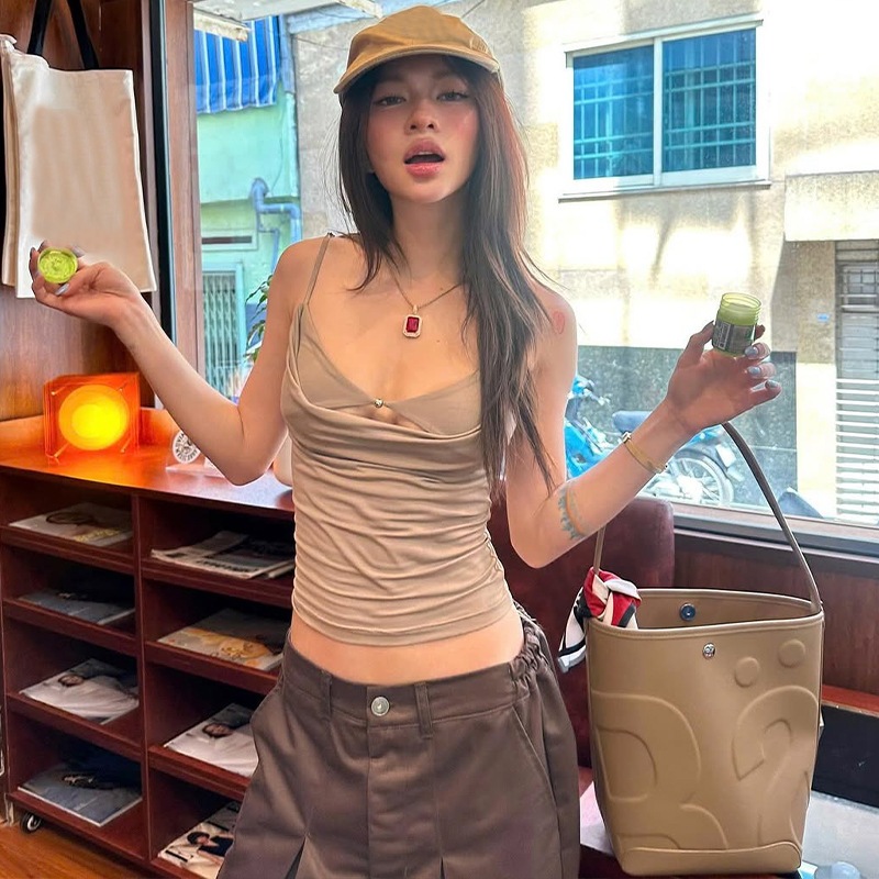 Mùa Hè Mới Thời Trang Cổ Chữ V Nữ Crop Top Nối Hạt Rỗng Trang Trí Tank Top | BigBuy360 - bigbuy360.vn