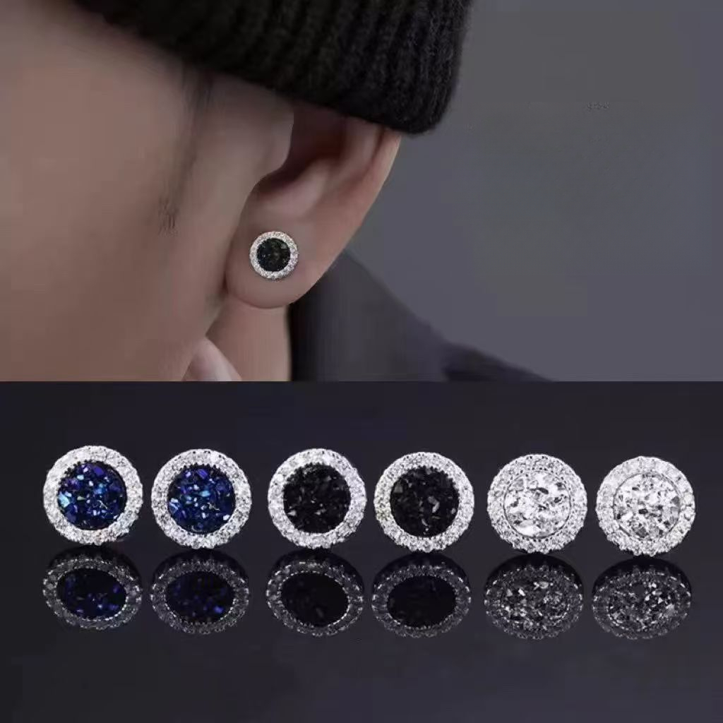 Thời Trang Thép Titan Full Kim Cương Pha Lê Cụm Bông Tai Đá Nam Độc Đáo