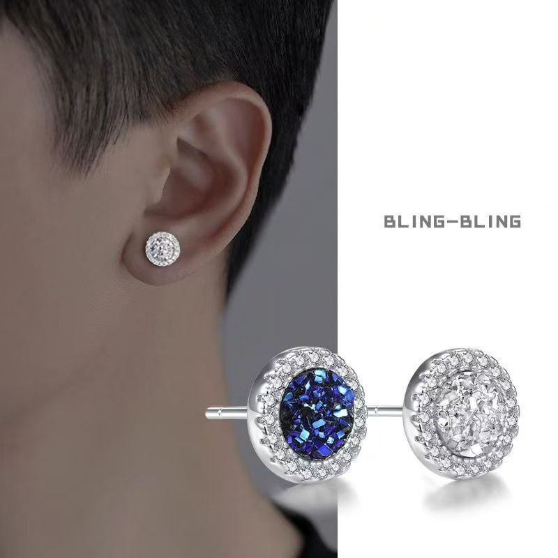 Thời Trang Thép Titan Full Kim Cương Pha Lê Cụm Bông Tai Đá Nam Độc Đáo