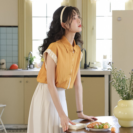 Mutu Pháp Retro Phong Cách Hồng Kông Màu Sắc Tương Phản Áo Sơ Mi Tay Ngắn Nữ Mùa Hè 2026 Phong Cách Mới Thiết Kế Niche Loose Top