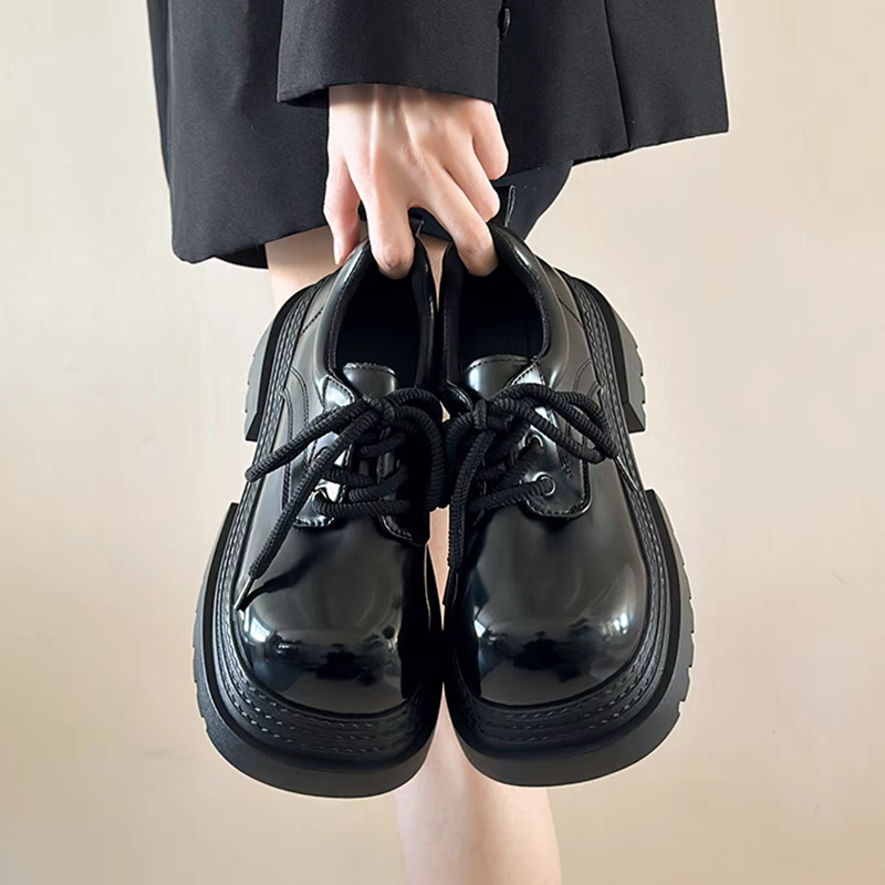 Giày Oxford Đế Dày Nữ 2025 Gót Dày 7CM Nâu / Đen Buộc Dây Giày Da Học Sinh