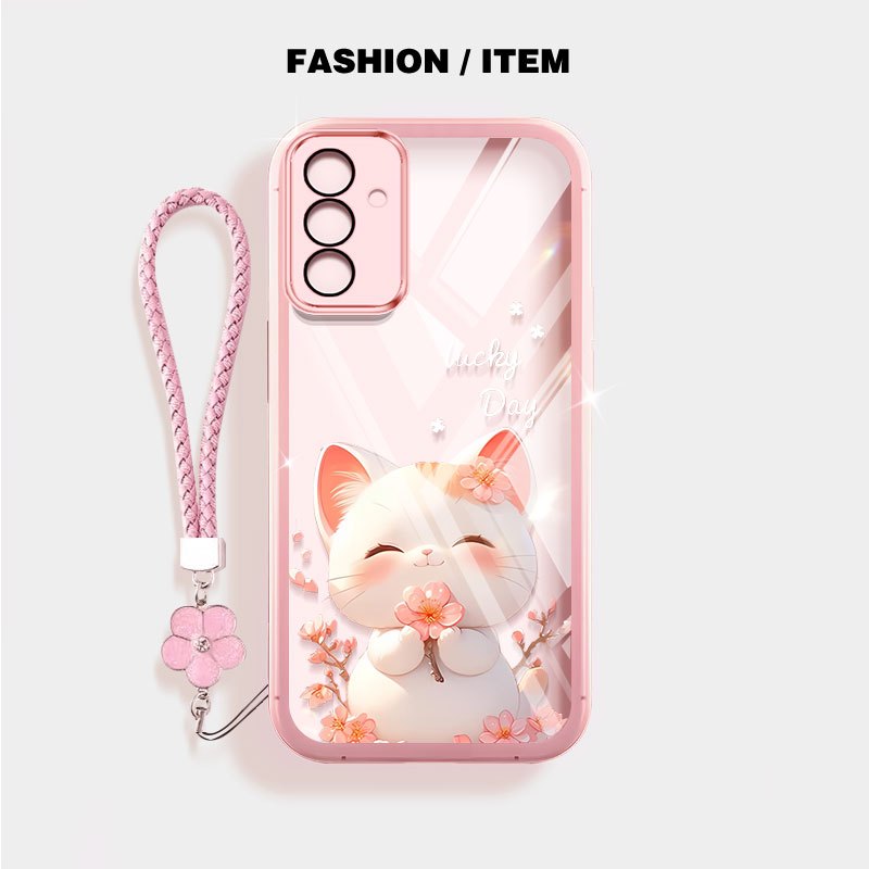 YBD Dành Cho Samsung Galaxy A17 A37 A57 A27 A13 A04S A14 A15 A16 4G 5G Màu Xanh Hồng Thêu Bóng Mèo Ốp Lưng Điện Thoại