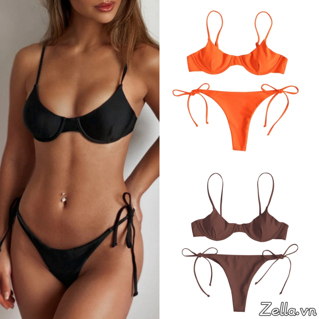 Bộ Bikini Nữ Màu Trơn / In Hình Cổ Chữ V + Quần Lót Ren Mùa Hè Chia Bộ Đồ Tắm