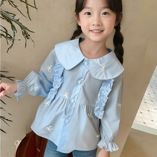 MuyoNowo Bé Gái Cổ Búp Bê Áo Nơ Thêu Ruffle Dài Tay Áo Sơ Mi Trẻ Em