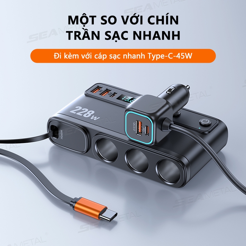 Bộ sạc nhanh ô tô SEAMETAL 9 trong 1 Bộ chuyển đổi sạc Công tắc độc lập Bật lửa thuốc lá DC PD 3