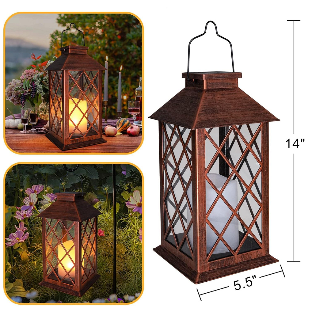 [2 Gói] Đèn lồng năng lượng mặt trời 14 Inch, Đèn treo nến không cháy chống nước Ip65 ngoài trời, Đèn sàn trang trí bãi cỏ sân vườn