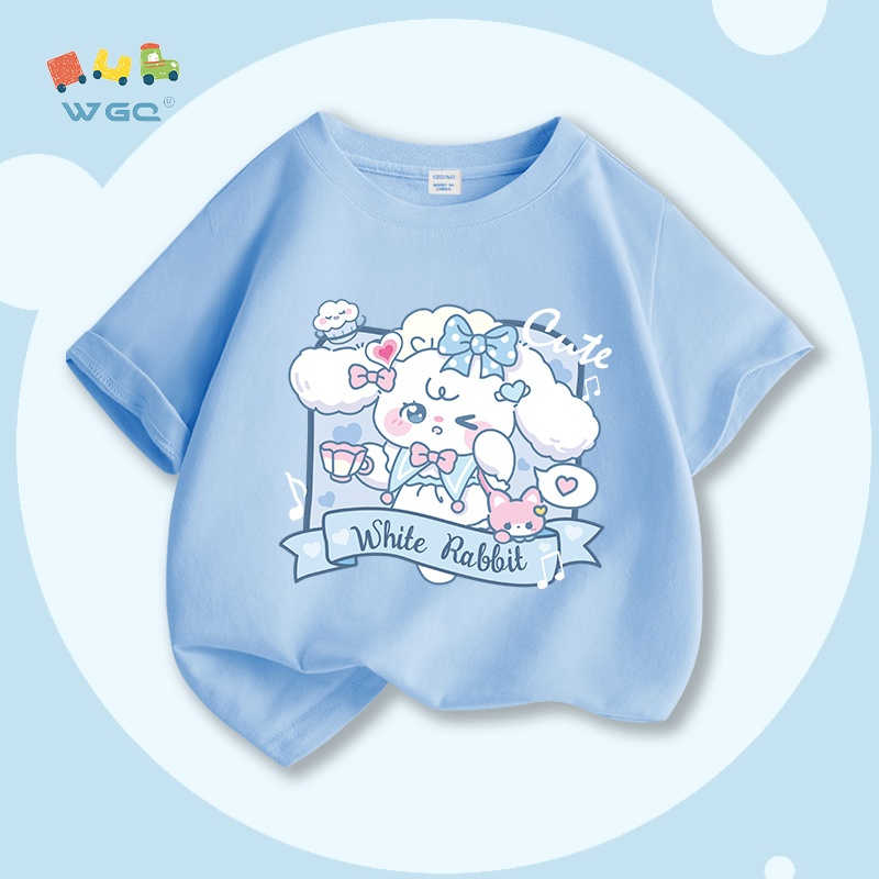 Áo thun bé gái ，Cotton nguyên chất dễ thương Chữ hoạt hình Bunny Ice Cream In hình