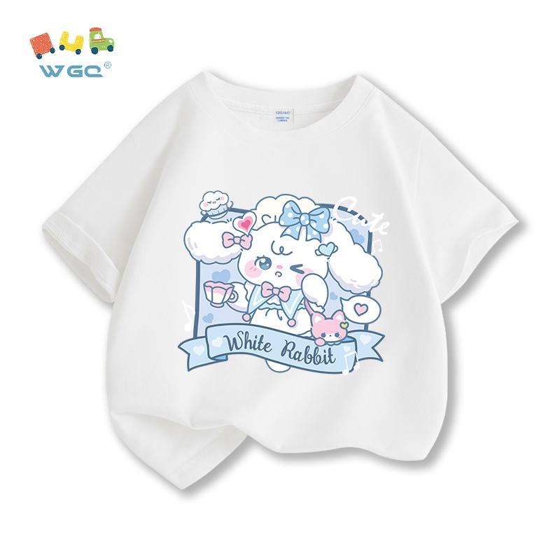 Áo thun bé gái ，Cotton nguyên chất dễ thương Chữ hoạt hình Bunny Ice Cream In hình