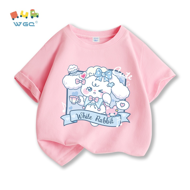 Áo thun bé gái ，Cotton nguyên chất dễ thương Chữ hoạt hình Bunny Ice Cream In hình